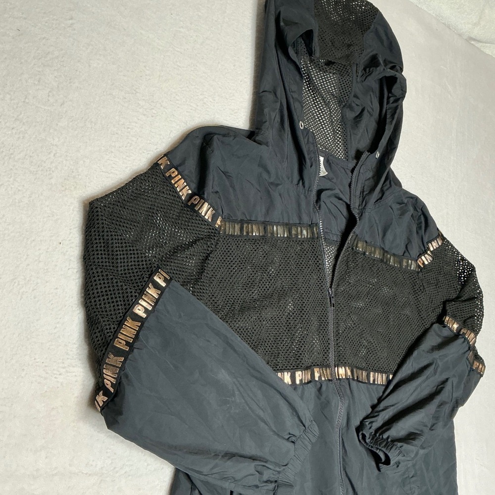 PINK Victoria's Secret Black Mesh Logo Windbreaker Jacket Hooded M
